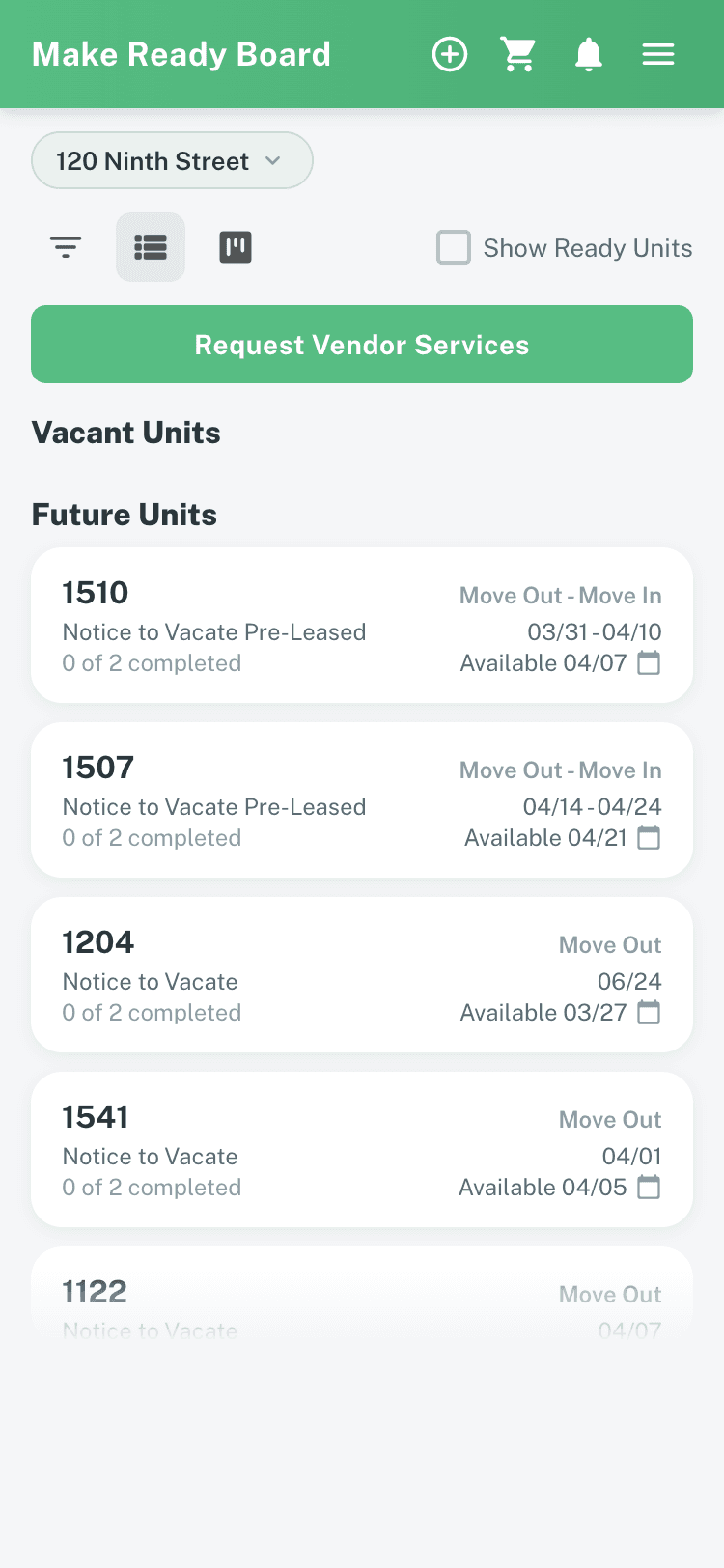 Mobile UI: Make-Ready Board with unit turn progress tracking