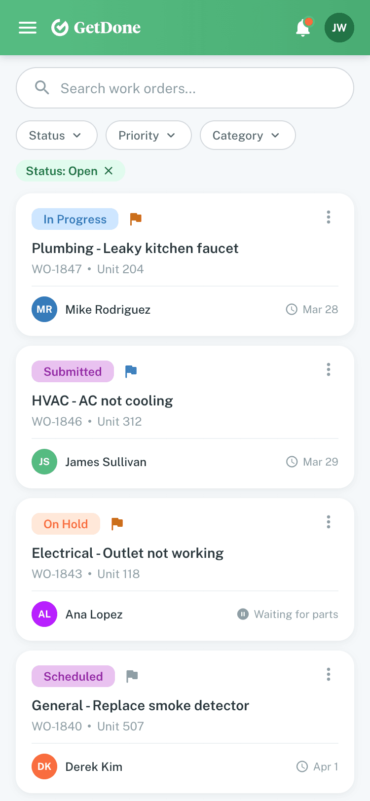 Mobile UI: Work Order Queue filterable by status, type, priority