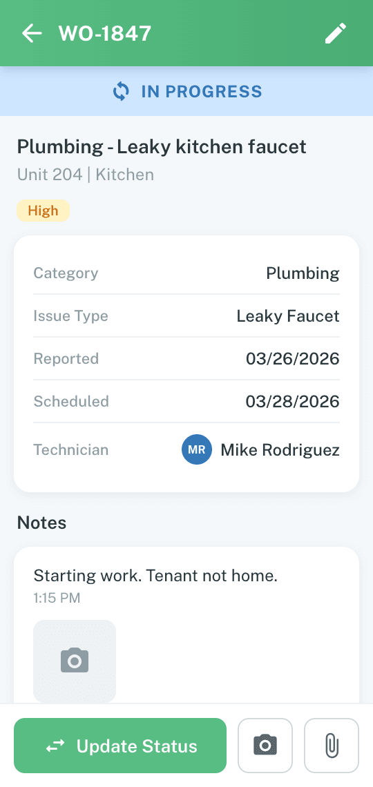 GetDone mobile - Work order detail with photo attachment, status update, and notes