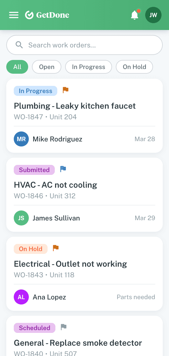 GetDone mobile - Work order queue with priority indicators and status controls