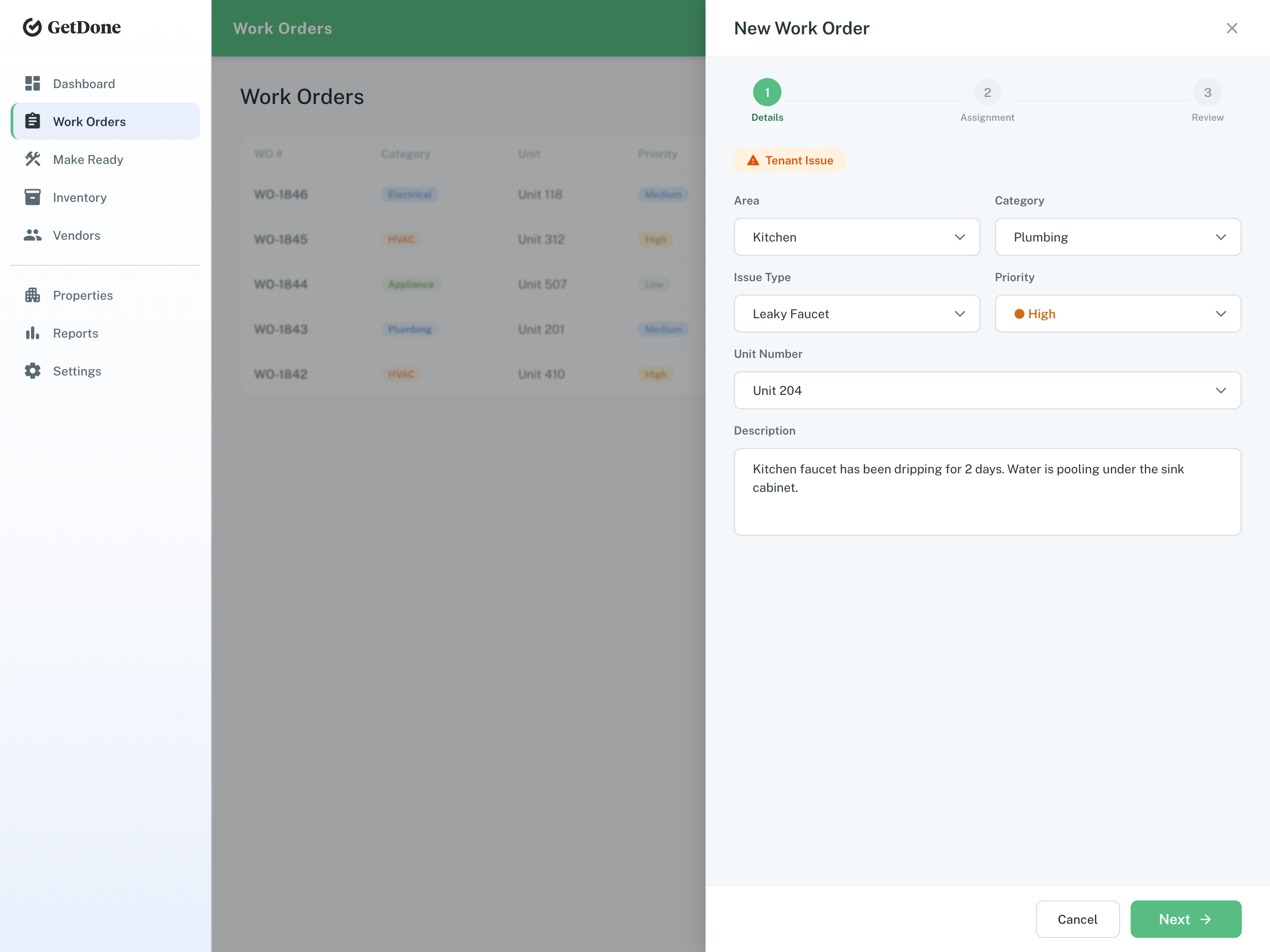 Work order creation screen with source indicator (PMS, JobCall, manual)
