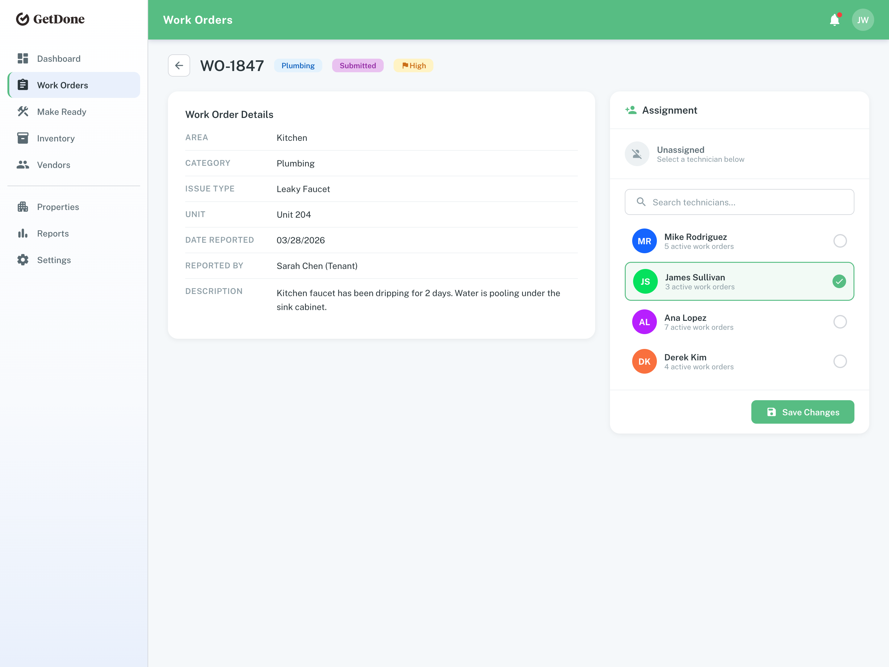 Tech assignment screen with skill-match and priority indicators