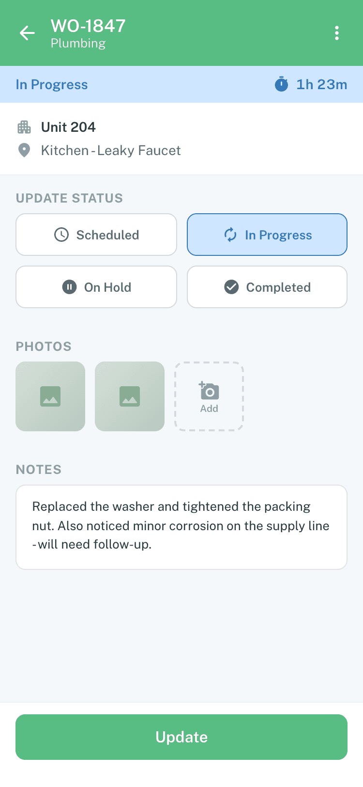 Mobile status update screen with photo attachment and status toggles