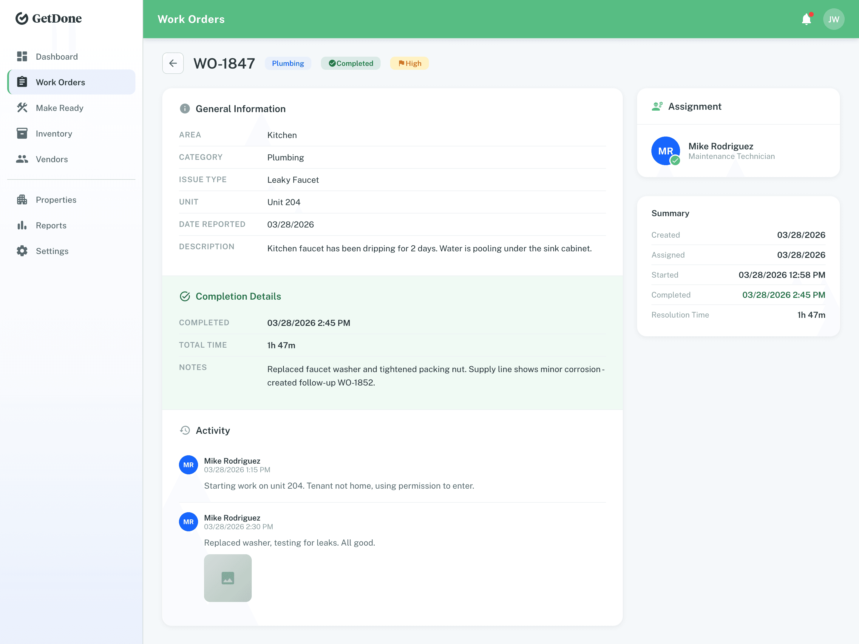 Work order completion screen with documentation checklist